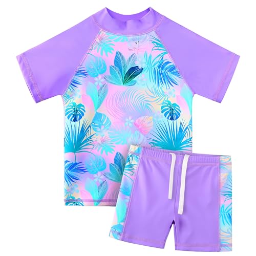 HUAANIUE Mädchen Kinder 2-Teiliger Badeanzug Anti-UV UPF 50+ Kinder Mädchen Kurze Badebekleidung 2-12 Jahre (S455-Lila Blätter, 7-8 Jahre) von HUAANIUE