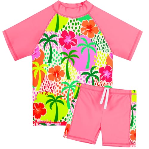 HUAANIUE Mädchen Kinder 2-Teiliger Badeanzug Anti-UV UPF 50+ Kinder Mädchen Kurze Badebekleidung 2-12 Jahre (S455-Rosa Kokosbaum, 9-10 Jahre) von HUAANIUE