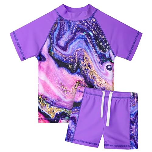 HUAANIUE Mädchen Kinder 2-Teiliger Badeanzug Anti-UV UPF 50+ Kinder Mädchen Kurze Badebekleidung 2-12 Jahre (S455-Violetter Achat, 7-8 Jahre) von HUAANIUE