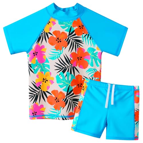 HUAANIUE Mädchen Kinder 2-Teiliger Badeanzug Anti-UV UPF 50+ Kinder Mädchen Kurze Badebekleidung 2-12 Jahre (S492-Blaue Blume, 3-4 Jahre) von HUAANIUE
