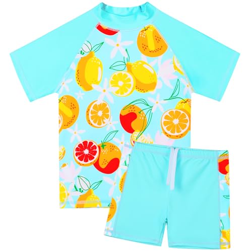 HUAANIUE Mädchen Kinder 2-Teiliger Badeanzug Anti-UV UPF 50+ Kinder Mädchen Kurze Badebekleidung 2-12 Jahre (S492-Hellblaue Zitrone, 9-10 Jahre) von HUAANIUE
