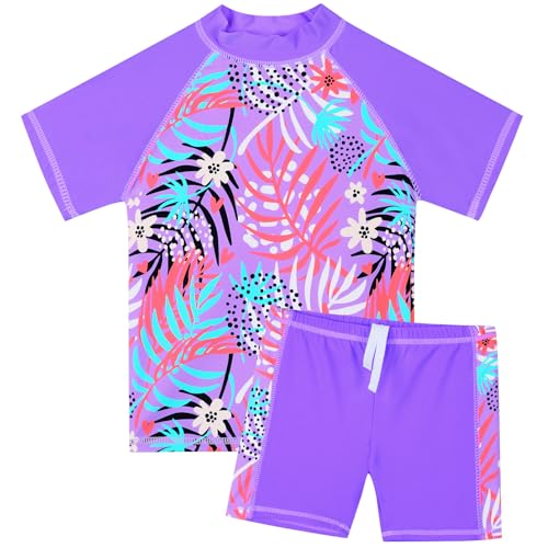 HUAANIUE Mädchen Kinder 2-Teiliger Badeanzug Anti-UV UPF 50+ Kinder Mädchen Kurze Badebekleidung 2-12 Jahre (S492-Lila Blätter, 7-8 Jahre) von HUAANIUE