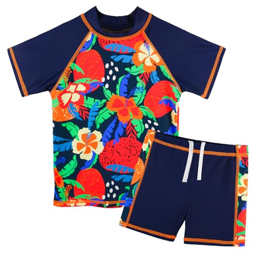 HUAANIUE Mädchen Kinder 2-Teiliger Badeanzug Anti-UV UPF 50+ Kinder Mädchen Kurze Badebekleidung 2-12 Jahre (S492-Marineblau Blume, 9-10 Jahre) von HUAANIUE
