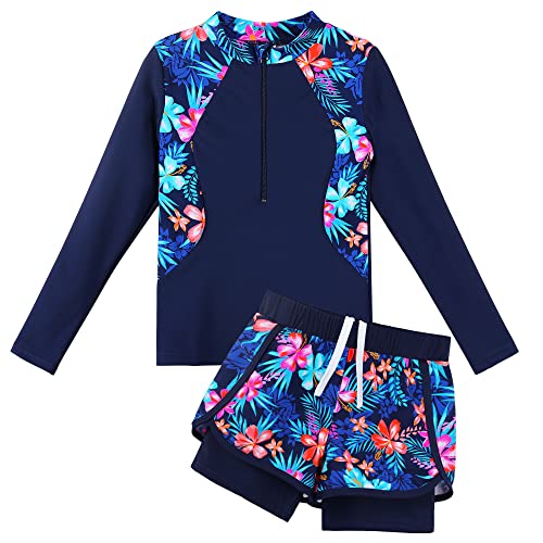 HUAANIUE Mädchen Kinder 2-Teiliger Badeanzug Anti-UV UPF 50+ Kinder Mädchen Langärmeliger Strand Badeanzug mit Reißverschluss 3-11 Jahre (S423-Marine Blau Blume, 8-9 Jahre) von HUAANIUE