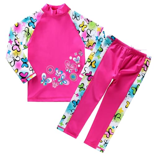 HUAANIUE Mädchen Kinder 2-Teiliger Badeanzug Anti-UV UPF 50+ Kinder Mädchen Lange Badebekleidung 3-12 Jahre (S240-Schmetterling Lang, 8-9 Jahre) von HUAANIUE