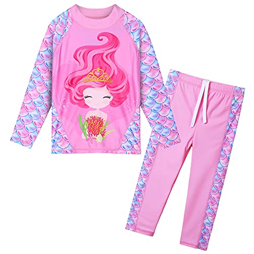 HUAANIUE Mädchen Kinder 2-Teiliger Badeanzug Anti-UV UPF 50+ Kinder Mädchen Lange Badebekleidung 3-12 Jahre (S313-Mädchen Rosa, 6-7 Jahre) von HUAANIUE