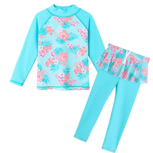 HUAANIUE Mädchen Kinder 2-Teiliger Badeanzug Anti-UV UPF 50+ Kinder Mädchen Lange Badebekleidung 3-12 Jahre (S320-Cyan, 5-6 Jahre) von HUAANIUE