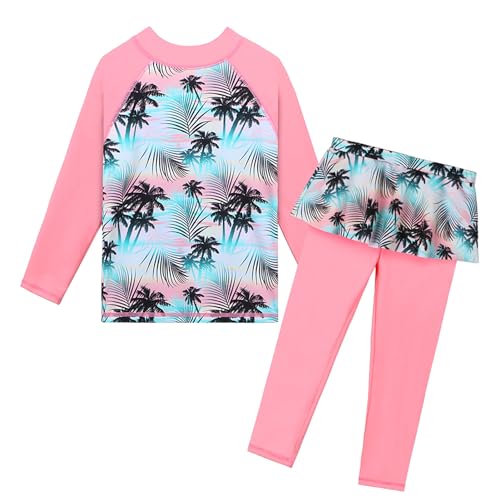 HUAANIUE Mädchen Kinder 2-Teiliger Badeanzug Anti-UV UPF 50+ Kinder Mädchen Lange Badebekleidung 3-12 Jahre (S320-Grün Rosa, 8-9 Jahre) von HUAANIUE