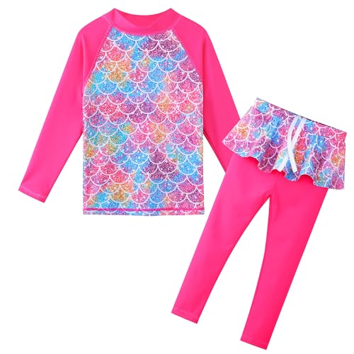HUAANIUE Mädchen Kinder 2-Teiliger Badeanzug Anti-UV UPF 50+ Kinder Mädchen Lange Badebekleidung 3-12 Jahre (S320-Leuchtet Rosa Schuppen, 8-9 Jahre) von HUAANIUE