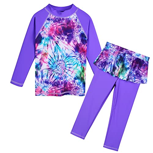 HUAANIUE Mädchen Kinder 2-Teiliger Badeanzug Anti-UV UPF 50+ Kinder Mädchen Lange Badebekleidung 3-12 Jahre (S344-Violett Tie Dye, 7-8 Jahre) von HUAANIUE