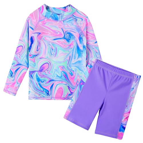 HUAANIUE Mädchen Kinder 2-Teiliger Badeanzug Anti-UV UPF 50+ Kinder Mädchen Strand Badeanzug mit Langen Ärmeln 3-12 Jahre (S248-Lila Achat, 4-5 Jahre) von HUAANIUE