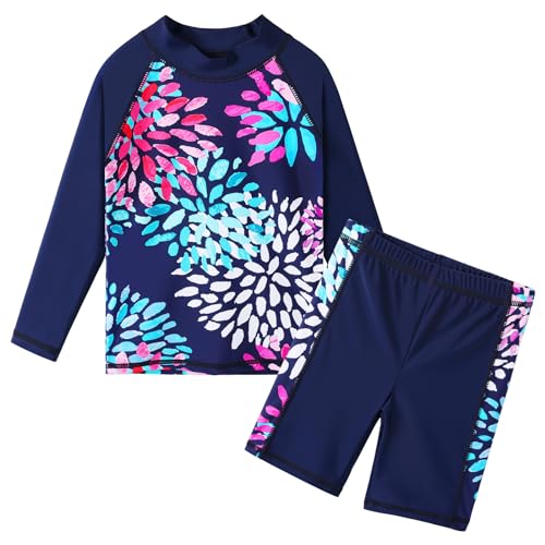 HUAANIUE Mädchen Kinder 2-Teiliger Badeanzug Anti-UV UPF 50+ Kinder Mädchen Strand Badeanzug mit Langen Ärmeln 3-12 Jahre (S248-Marine Gänseblümchen, 11-12 Jahre) von HUAANIUE