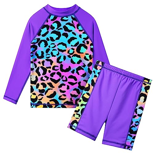 HUAANIUE Mädchen Kinder 2-Teiliger Badeanzug Anti-UV UPF 50+ Kinder Mädchen Strand Badeanzug mit Langen Ärmeln 3-12 Jahre (S248-Violettes Leopardenmuster, 9-10 Jahre) von HUAANIUE