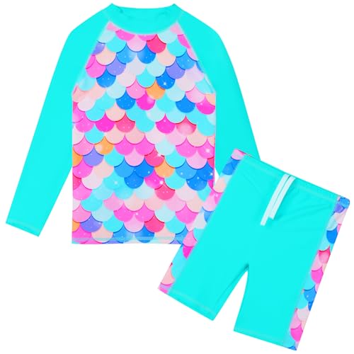 HUAANIUE Mädchen Kinder 2-Teiliger Badeanzug Anti-UV UPF 50+ Kinder Mädchen Strand Badeanzug mit Langen Ärmeln 3-12 Jahre (S355-Cyan Schuppen, 5-6 Jahre) von HUAANIUE