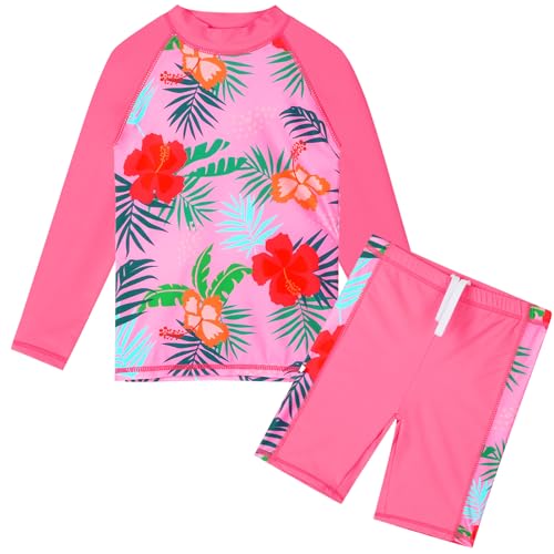 HUAANIUE Mädchen Kinder 2-Teiliger Badeanzug Anti-UV UPF 50+ Kinder Mädchen Strand Badeanzug mit Langen Ärmeln 3-12 Jahre (S355-Rosa Blume, 7-8 Jahre) von HUAANIUE