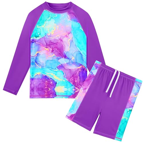 HUAANIUE Mädchen Kinder 2-Teiliger Badeanzug Anti-UV UPF 50+ Kinder Mädchen Strand Badeanzug mit Langen Ärmeln 3-12 Jahre (S355-Violettes Marmormuster, 11-12 Jahre) von HUAANIUE