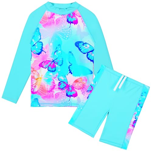 HUAANIUE Mädchen Kinder 2-Teiliger Badeanzug Anti-UV UPF 50+ Kinder Mädchen Strand Badeanzug mit Langen Ärmeln 3-12 Jahre (S491-Hellblauer Schmetterling, 9-10 Jahre) von HUAANIUE
