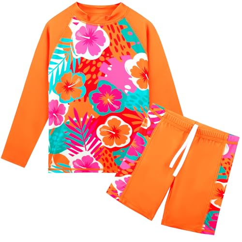 HUAANIUE Mädchen Kinder 2-Teiliger Badeanzug Anti-UV UPF 50+ Kinder Mädchen Strand Badeanzug mit Langen Ärmeln 3-12 Jahre (S491-Orange Blume, 7-8 Jahre) von HUAANIUE