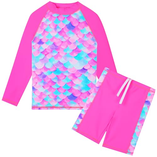 HUAANIUE Mädchen Kinder 2-Teiliger Badeanzug Anti-UV UPF 50+ Kinder Mädchen Strand Badeanzug mit Langen Ärmeln 3-12 Jahre (S491-Pink Schuppen, 5-6 Jahre) von HUAANIUE