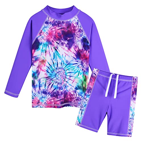 HUAANIUE Mädchen Kinder Badeanzug 2 Stück Anti-UV UPF 50+ Kinder Mädchen Strand Badeanzug mit langen Ärmeln 3-12 Jahre (S355-Lila Tie Dye, 9-10 Jahre) von HUAANIUE