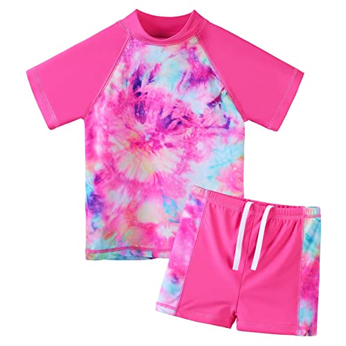 HUAANIUE Mädchen Kinder Badeanzug 2 Stück Kinder Mädchen Strand Badeanzug Kurzarm 3-12 Jahre (S336-Rosa Tie Dye, 8-9 Jahre) von HUAANIUE