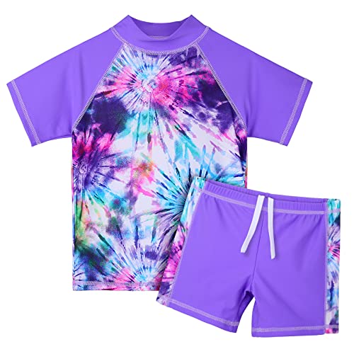 HUAANIUE Mädchen Kinder Badeanzug 2 Stück Kinder Mädchen Strand Badeanzug Kurzarm 3-12 Jahre (S393-Lila Tie Dye, 8-9 Jahre) von HUAANIUE