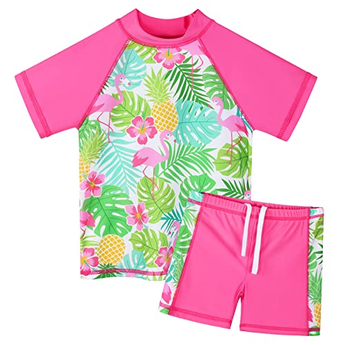 HUAANIUE Mädchen Kinder 2-Teiliger Badeanzug Anti-UV UPF 50+ Kinder Mädchen Kurze Badebekleidung 3-12 Jahre (S407-Dunkel Rosa Flamingo, 3-4 Jahre) von HUAANIUE