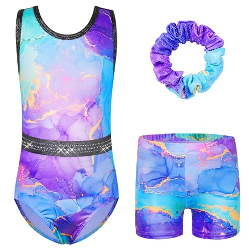 HUAANIUE Mädchen Kinder Gymnastikanzug Set Trikot + Shorts + Haarschmuck Ärmelloser Tanzanzug 3-14 Jahre (KHB364-Marmor Schwarz, 7-8 Jahre) von HUAANIUE