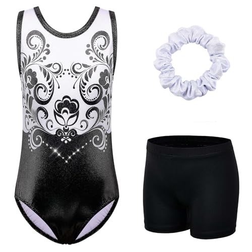 HUAANIUE Mädchen Kinder Gymnastikanzug Set Trikot + Shorts + Haarschmuck Ärmelloser Tanzanzug 3-14 Jahre (KHB364-Schwarz Weiß, 13-14 Jahre) von HUAANIUE