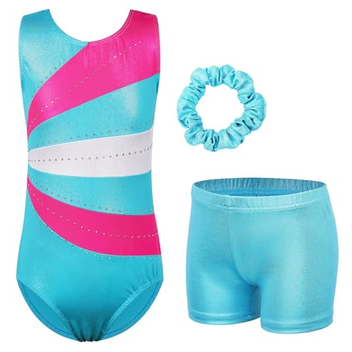 HUAANIUE Mädchen Kinder Gymnastikanzug Set Trikot + Shorts + Haarschmuck Ärmelloser Tanzanzug 3-14 Jahre (KHB366-Cyan, 8-9 Jahre) von HUAANIUE