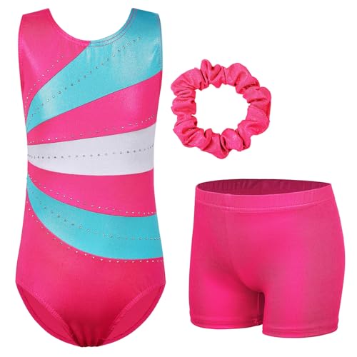 HUAANIUE Mädchen Kinder Gymnastikanzug Set Trikot + Shorts + Haarschmuck Ärmelloser Tanzanzug 3-14 Jahre (KHB366-Knallpink, 8-9 Jahre) von HUAANIUE