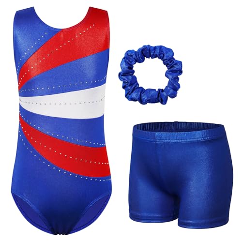 HUAANIUE Mädchen Kinder Gymnastikanzug Set Trikot + Shorts + Haarschmuck Ärmelloser Tanzanzug 3-14 Jahre (KHB366-Königsblau, 8-9 Jahre) von HUAANIUE