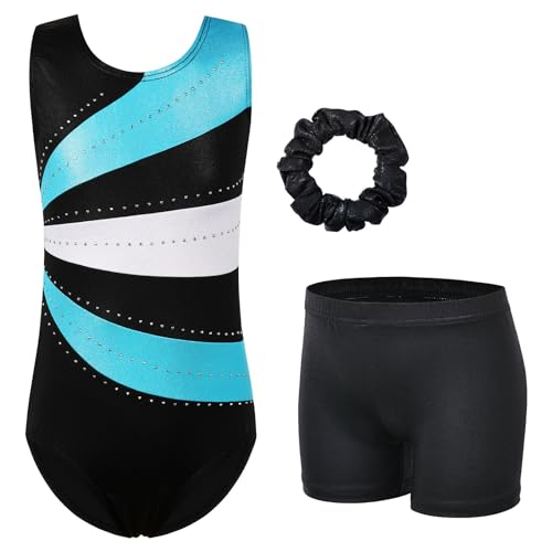 HUAANIUE Mädchen Kinder Gymnastikanzug Set Trikot + Shorts + Haarschmuck Ärmelloser Tanzanzug 3-14 Jahre (KHB366-Schwarz Cyan, 5-6 Jahre) von HUAANIUE