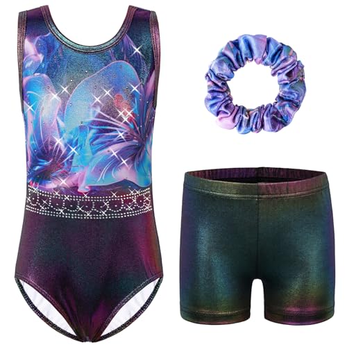 HUAANIUE Mädchen Kinder Gymnastikanzug Set Trikot + Shorts + Haarschmuck Ärmelloser Tanzanzug 3-14 Jahre (KHB373-Blau Violett, 7-8 Jahre) von HUAANIUE