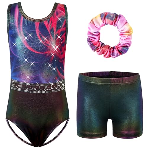 HUAANIUE Mädchen Kinder Gymnastikanzug Set Trikot + Shorts + Haarschmuck Ärmelloser Tanzanzug 3-14 Jahre (KHB373-Rot Violett, 9-10 Jahre) von HUAANIUE
