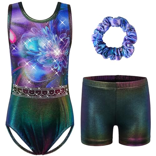 HUAANIUE Mädchen Kinder Gymnastikanzug Set Trikot + Shorts + Haarschmuck Ärmelloser Tanzanzug 3-14 Jahre (KHB373-Violette Blume, 11-12 Jahre) von HUAANIUE