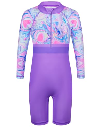 HUAANIUE Mädchen UPF 50+ UV Einteiler Bademode Kinder Bodysuit Beachwear mit Reißverschluss Surfen Rosa Schwimmen Kinder Badeanzug 4-11 Jahre, A010 lila Langarm-Bademode, 8-10 Jahre von HUAANIUE