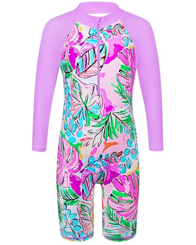 HUAANIUE Mädchen UPF 50+ UV Einteiler Bademode Kinder Bodysuit Beachwear mit Reißverschluss Surfen Rosa Schwimmen Kinder Badeanzug 4-11 Jahre, A011 Lightpurpleleaves Langarm-Bademode, 8-10 Jahre von HUAANIUE