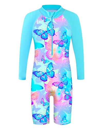 HUAANIUE Mädchen UPF 50+ UV Einteiler Bademode Kinder Bodysuit Beachwear mit Reißverschluss Surfen Rosa Schwimmen Kinder Badeanzug 4-11 Jahre, A017 Lightbluebutterfly Langarm-Bademode, 5-6 Jahre von HUAANIUE