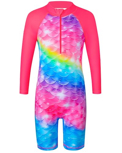 HUAANIUE Mädchen UPF 50+ UV Einteiler Bademode Kinder Bodysuit Beachwear mit Reißverschluss Surfen Rosa Schwimmen Kinder Badeanzug 4-11 Jahre, A019 Regenbogenfarben-Langarm-Bademode, 5-6 Jahre von HUAANIUE