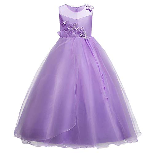 HUAANIUE Prinzessin Mädchen Kleid Partykleid Hochzeit Brautjungfer Kleid Ärmelloses 3D Besticktes Kleid mit Hoher Taille 5-16 Jahre (L062-Violett,11-12 Jahre) von HUAANIUE