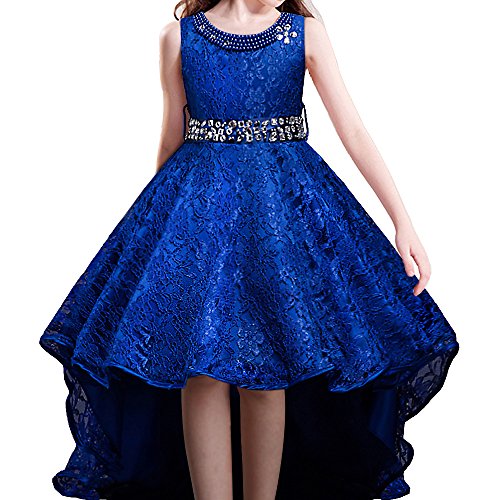 HUAANIUE Prinzessin Mädchen Kleid Schwalbenschwanz Abendkleid Brautjungfer Brautkleid Ärmelloses Spitzenkleid 3-14 Jahre(L056_Blau, 13-14 Jahre) von HUAANIUE