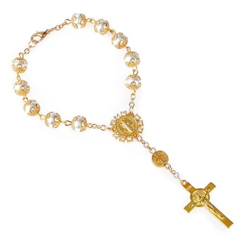 HUAANYA Einstellbares Link Armband Imitation Perlen Perlen Armbandkreuz Charm Armreif Für Damen Religiöser Handchain Schmuck Schmuck von HUAANYA