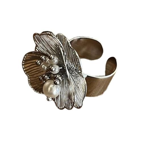HUAANYA Exquisite Weiße Perlen Blütenringe Für Frauen Verstellbare Offene Bands Mode Schmuck Geschenk Für Geburtstag Oder Hochzeitsstahlring von HUAANYA