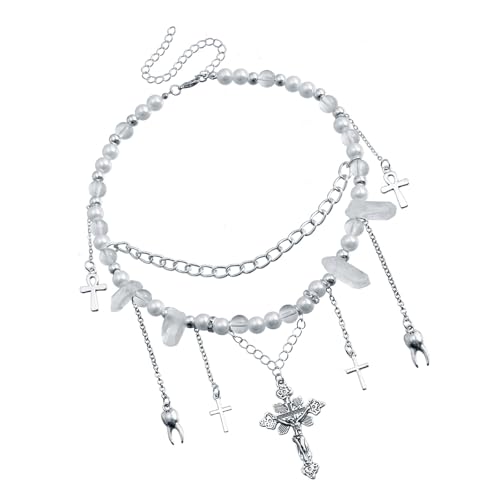 HUAANYA Kruzifix Halskoker Mit Zahnanhänger Imitation Perlen Perlen Neckketten Einstellbare Schlüsselbeinkette Mode Accessoire von HUAANYA