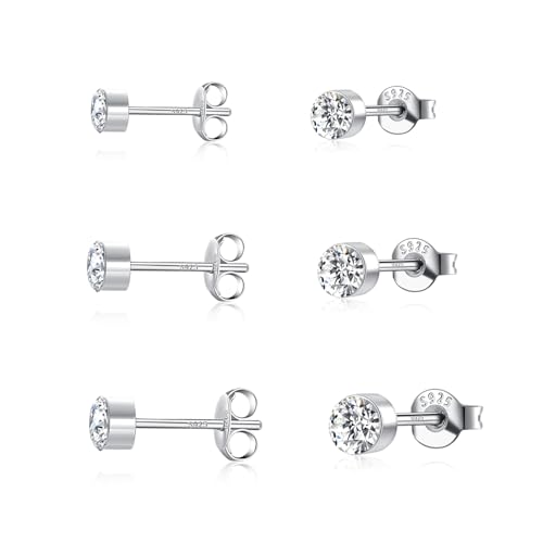 3 Paar 925 Sterling Silber Zirkonia Ohrstecker Set, 2/3/4mm Hypoallergen Nickelfrei Funkelnde Ohrringe, kleine Knorpel Ohrstecker Silber für Frauen Männer von HUABOLA CALYN