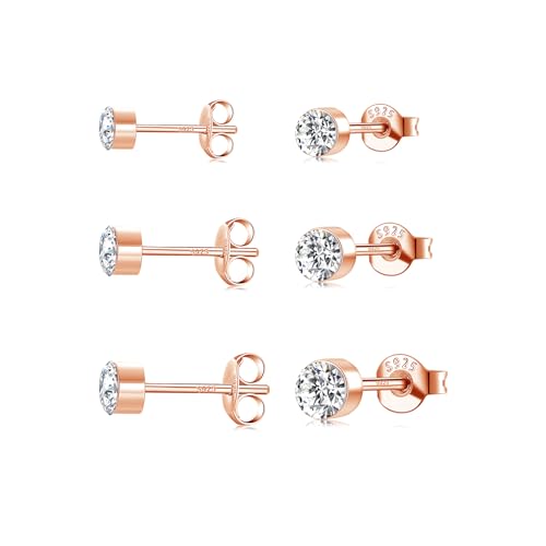 3 Paar 925 Sterling Silber Zirkonia Ohrstecker Set, 2/3/4mm Rosegold Hypoallergen Nickelfrei Funkelnde Ohrringe, kleine Knorpel Ohrstecker Silber für Frauen Männer von HUABOLA CALYN