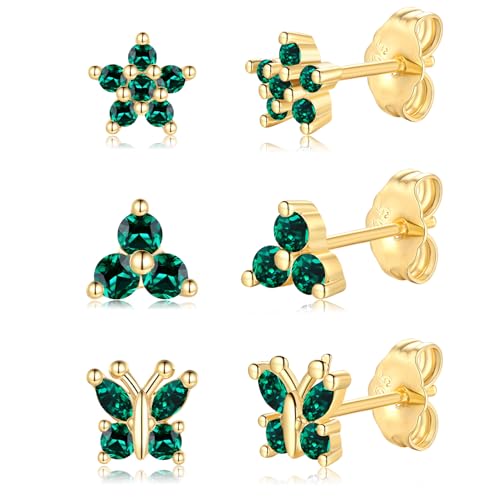 3 Paar Sterling Silber 925 Ohrstecker für Damen, 3mm Blumen Schmetterling Helix Piercings Ohrringe Set, Hypoallergene kleine Knorpel Stecker mit Zirkonia von HUABOLA CALYN