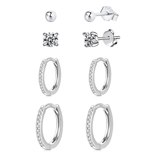 4 Paar Ohrstecker Silber Ohrringe Set für Damen, Creolen Silber 925 Klein Ohrringe mit AAA+ Zirkonia, Knorpel Helix Ohrringe Ohrstecker Set für Mädchen Herren-4/5/10/12mm (Silber) von HUABOLA CALYN