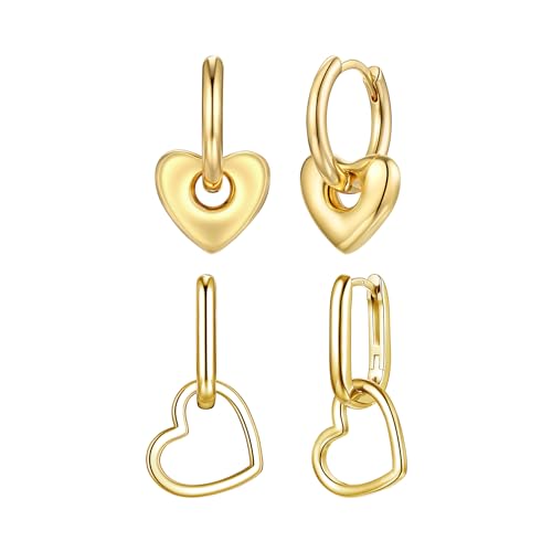 HUABOLA CALYN 2 Paar Sterling Silber 925 Ohrringe für Mädchen, Gold Kleine Herz leichte Hängende Ohrringe, Hypoallergene Silber Creolen Ohrringe für Damen von HUABOLA CALYN